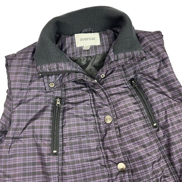 Avenue Womens Puffer Vest Purple Black Plaid Pockets Size 22/24 - Picture 7 of 11